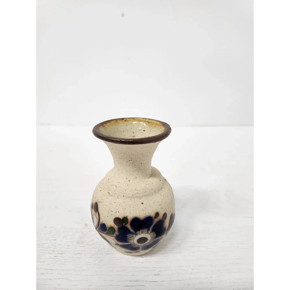 Vintage Tonala Pottery Hand Painted Floral Sandstone Bud Vase Mexican Folk Art